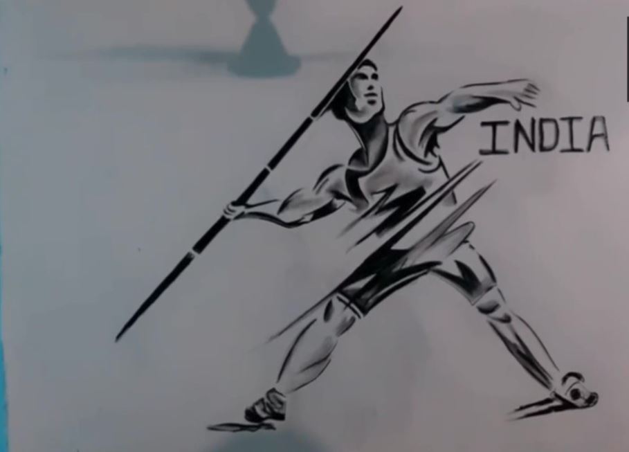 ओलंपिक में भाला फैंकते नीरज चोपड़ा की 6 फीट लंबी कलाकृति